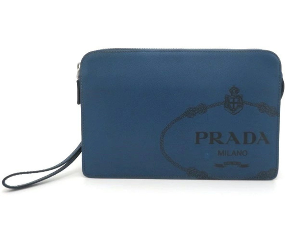 Prada Clutch Bag Shoulder Saffiano Leather Blue